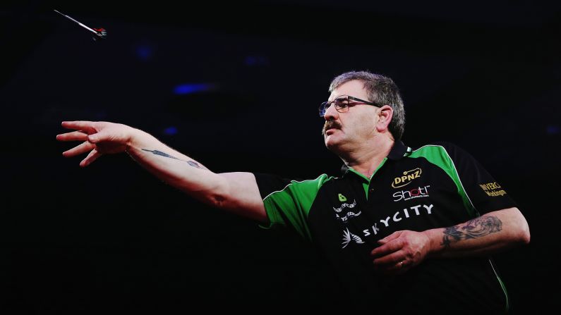 Warren Parry competes in the Super League Darts semifinals Saturday, August 1, in Auckland, New Zealand. Parry defeated Rob Szabo 7-6 but lost in the final to Craig Caldwell.