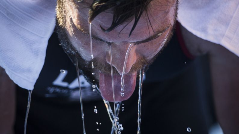 Water drips down Great Britain's Adam Bowden after he finished a triathlon in Rio de Janeiro on Sunday, August 2. It was a qualification event for next year's Olympics.