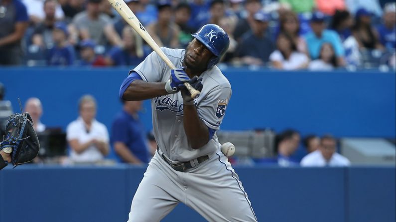 Kansas City's Lorenzo Cain is hit by a pitch during the first inning of a Major League Baseball game in Toronto on Thursday, July 30.