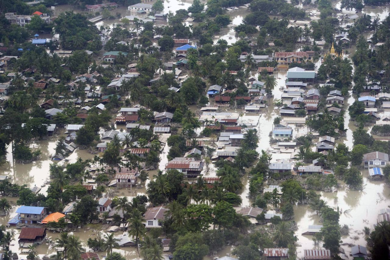 An aerial view shows flooding throughout the town of Kalay, Myanmar's Sagaing region, on August 3. Heavy monsoon rains in the past month have left at least 47 dead with more than 200,000 displaced.  