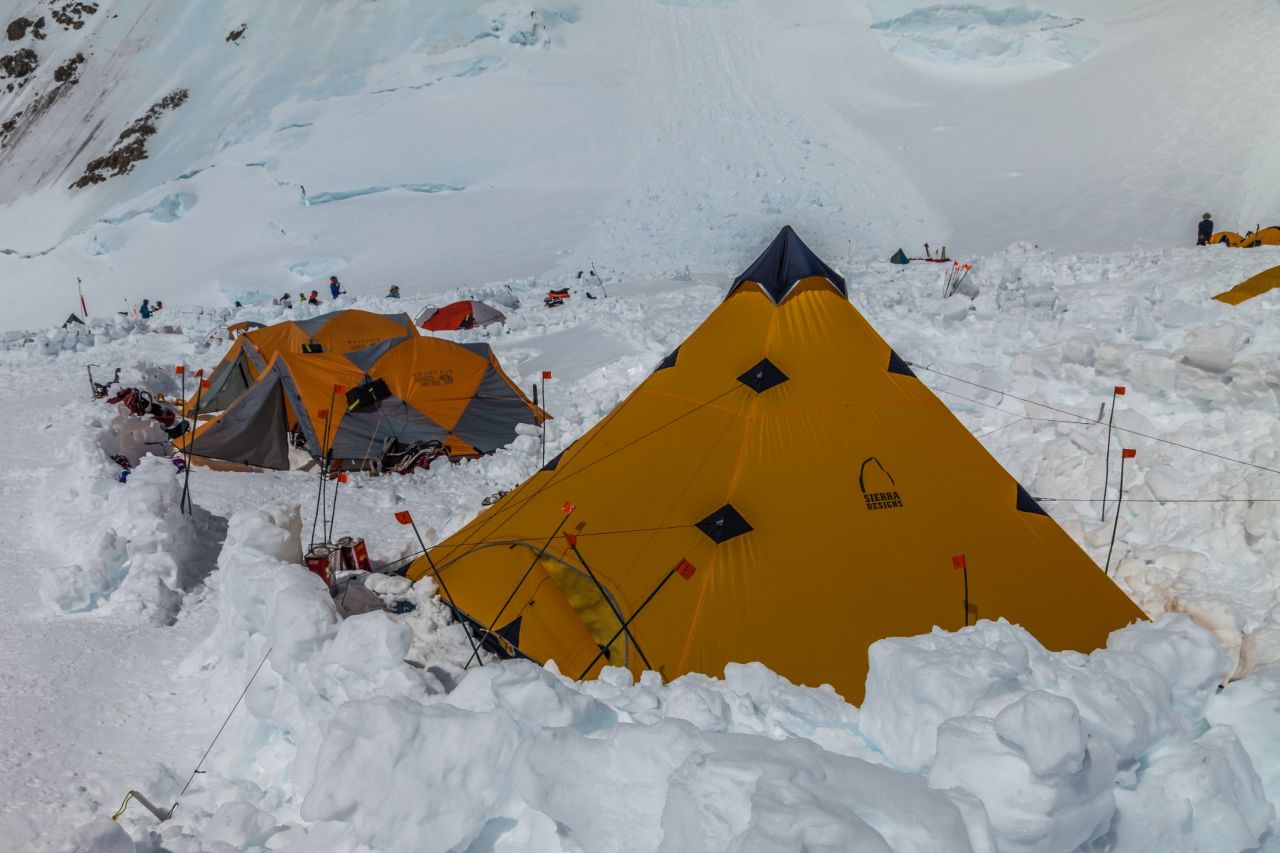 While only halfway up to the peak, from base camp, the established camp at 14,200 feet is thought of as the advanced base camp and launching point for high camp and the summit. Elaborate camps are set up with snow walls and kitchen tents dug into the snow. 