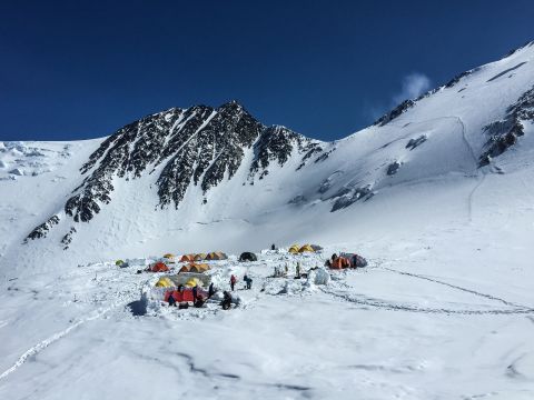 Situated on a small plateau at 17,200 feet, high camp is the last stop before a summit push. Due to the thin air at this high elevation, climbers ideally stay here only a night or two to keep their strength up for the 3,000-foot summit push. 