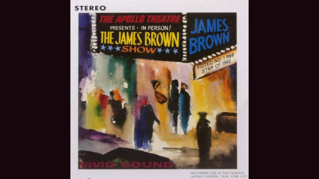 <strong>"Live at the Apollo, 1962," James Brown:</strong> James Brown in the studio was thrilling, but James Brown on stage was electrifying. The impressionistic cover of his 1963 album, with vibrant audience members milling outside a marquee, was done by Dan Quest.