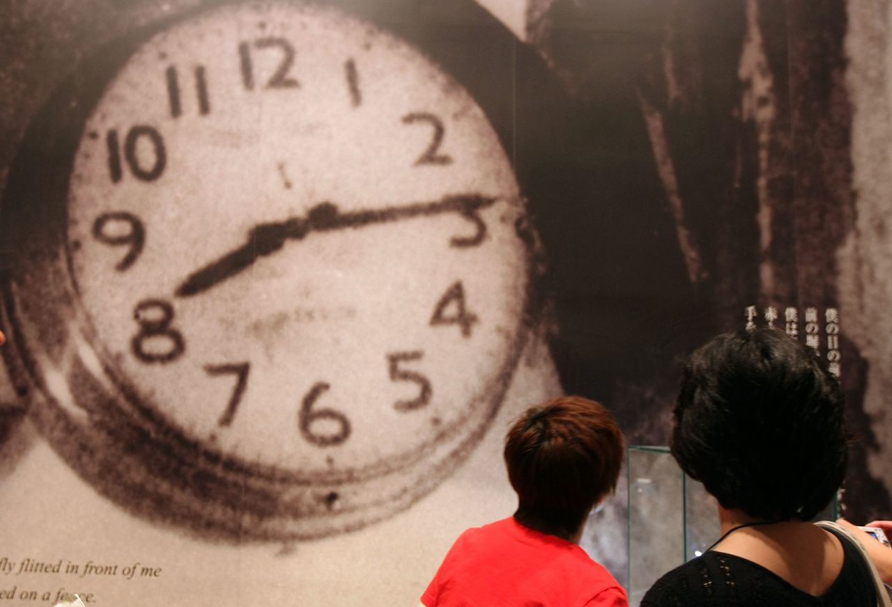This clock, displayed at Hiroshima Peace Memorial Museum, stopped at the time the world's first atomic bomb hit Hiroshima,