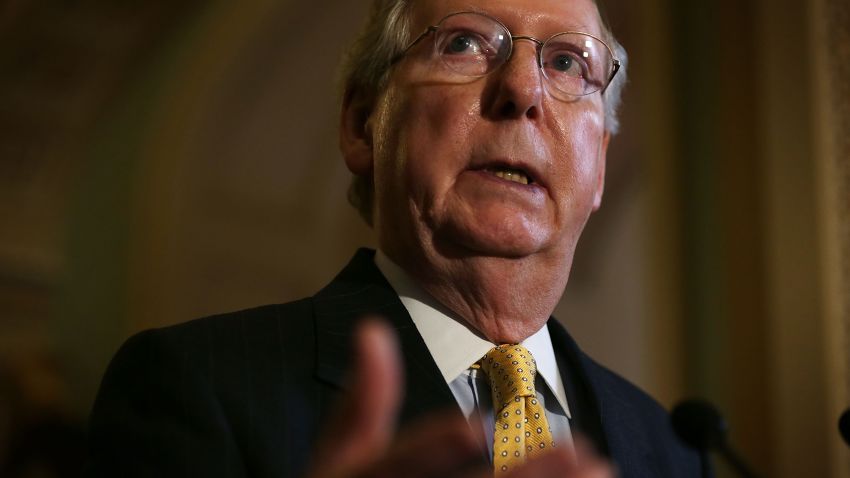 U.S. Senate Majority Leader Mitch McConnell (R-KY) speaks to members of the media during a news briefing at the Capitol July 30, 2015 on Capitol Hill in Washington, D.C.