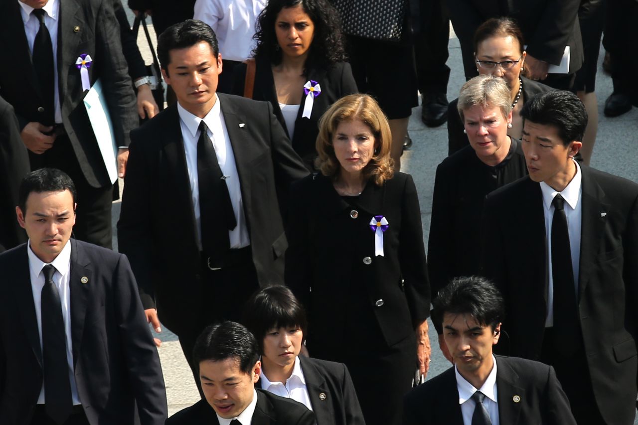U.S. Ambassador to Japan Caroline Kennedy, center, leaves after a memorial ceremony at the Hiroshima Peace Memorial Park on August 6.