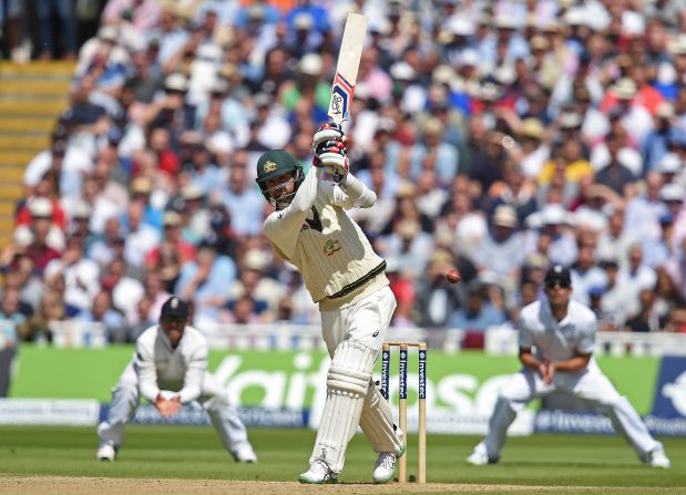 Tenth out: Australia's Nathan Lyon swings but misses the ball on the third day of the third Ashes cricket test match between England and Australia. Broad later took his eighth and final wicket of the morning as Australia were all out for 60.