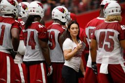 GLENDALE, AZ - AUGUST 02:  Intern linebacker coach Jen Welter of the Arizona Cardinals works with the defense during the team training camp at University of Phoenix Stadium on August 2, 2015 in Glendale, Arizona.  (Photo by Christian Petersen/Getty Images)