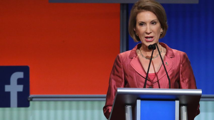 Republican presidential candidate Carly Fiorina participates in a presidential pre-debate forum hosted by FOX News and Facebook at the Quicken Loans Arena August 6, 2015 in Cleveland, Ohio.