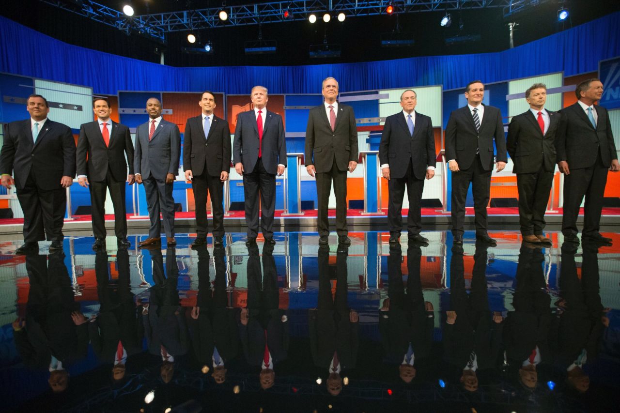 The race to become the next Republican presidential nominee continues as the highest polling candidates debate in Cleveland, Ohio, on Thursday, August 6. From left, Chris Christie, Marco Rubio, Ben Carson, Scott Walker, Donald Trump, Jeb Bush, Mike Huckabee, Ted Cruz, Rand Paul and John Kasich.