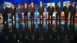 Republican presidential candidates from left, Chris Christie, Marco Rubio, Ben Carson, Scott Walker, Donald Trump, Jeb Bush, Mike Huckabee, Ted Cruz, Rand Paul, and John Kasich take the stage for the first Republican presidential debate at the Quicken Loans Arena, Thursday, Aug. 6, 2015,  in Cleveland. (AP Photo/Andrew Harnik)