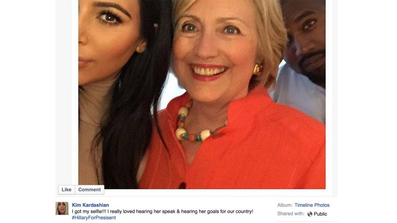 Television personality Kim Kardashian <a href="http://www.cnn.com/2015/08/07/politics/hillary-clinton-kardashians-gop-debate/index.html" target="_blank">endorsed</a> Clinton in a Facebook post shortly after the first GOP debate wrapped in August.<br /><br />She took a selfie with Clinton, writing, "I got my selfie!!! I really loved hearing her speak & hearing her goals for our country! #HillaryForPresident."