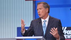Ohio Governor John Kasich speaks during the prime time Republican presidential debate on August 6, 2015 at the Quicken Loans Arena in Cleveland, Ohio.