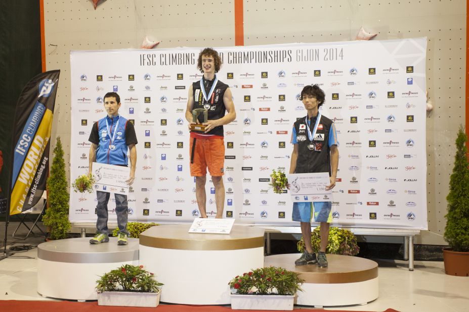 Ondra on top of the podium at the 2014 World Championships in Gijon, Spain. 