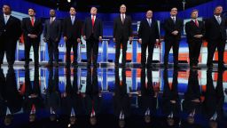 CLEVELAND, OH - AUGUST 06:  Republican presidential candidates (L-R) New Jersey Gov. Chris Christie, Sen. Marco Rubio (R-FL), Ben Carson, Wisconsin Gov. Scott Walker, Donald Trump, Jeb Bush, Mike Huckabee, Sen. Ted Cruz (R-TX), Sen. Rand Paul (R-KY) and John Kasich take the stage for the first prime-time presidential debate hosted by FOX News and Facebook at the Quicken Loans Arena August 6, 2015 in Cleveland, Ohio. The top-ten GOP candidates were selected to participate in the debate based on their rank in an average of the five most recent national political polls.  (Photo by Chip Somodevilla/Getty Images)