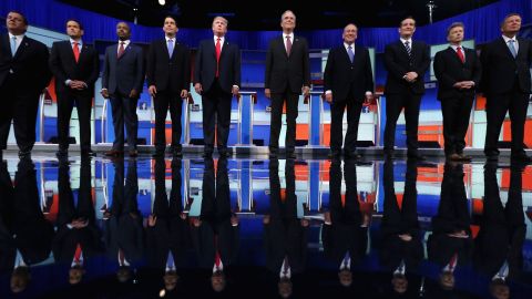 CLEVELAND, OH - AUGUST 06: Republican presidential candidates (L-R) New Jersey Gov. Chris Christie, Sen. Marco Rubio (R-FL), Ben Carson, Wisconsin Gov. Scott Walker, Donald Trump, Jeb Bush, Mike Huckabee, Sen. Ted Cruz (R-TX), Sen. Rand Paul (R-KY) and John Kasich take the stage for the first prime-time presidential debate hosted by FOX News and Facebook at the Quicken Loans Arena August 6, 2015 in Cleveland, Ohio. The top-ten GOP candidates were selected to participate in the debate based on their rank in an average of the five most recent national political polls. (Photo by Chip Somodevilla/Getty Images)