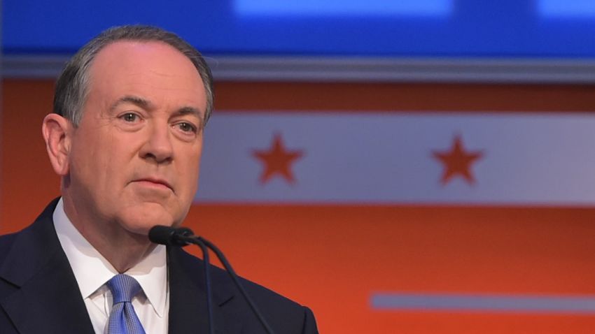 Former Arkansas governer Mike Huckabee participates in the Republican presidential primary debate on August 6, 2015 at the Quicken Loans Arena in Cleveland, Ohio.