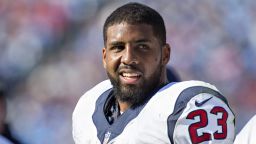 Arian Foster #23 of the Houston Texans smiling on the sidelines during a game against the Tennessee Titans at LP Field on October 26, 2014 in Nashville, Tennessee.  The Texans defeated the Titans 30-16.