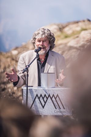Reinhold Messner, pictured here during the inauguration of the MMM Corones, was born in Brixen (Bressanone), Italy, in 1944.<br /><br />He holds the distinction of being the first climber to have captured all 14 <a href="index.php?page=&url=https%3A%2F%2Fen.wikipedia.org%2Fwiki%2FEight-thousander" target="_blank" target="_blank">"eight-thousanders",</a> the peaks over 8,000 meters above sea level.<br /><br />He refers to his mountain-themed museum chain as "my 15th eight-thousander."