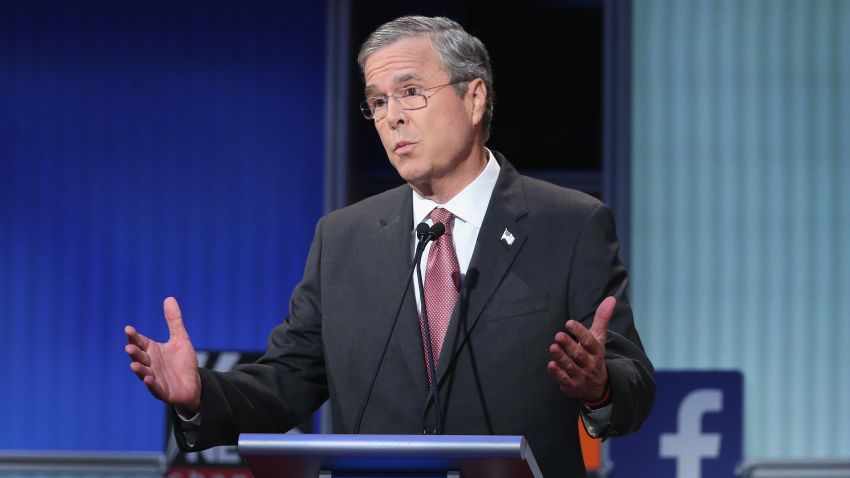 Republican presidential candidate Jeb Bush fields a question during the first Republican presidential debate hosted by Fox News and Facebook at the Quicken Loans Arena on August 6, 2015 in Cleveland, Ohio.
