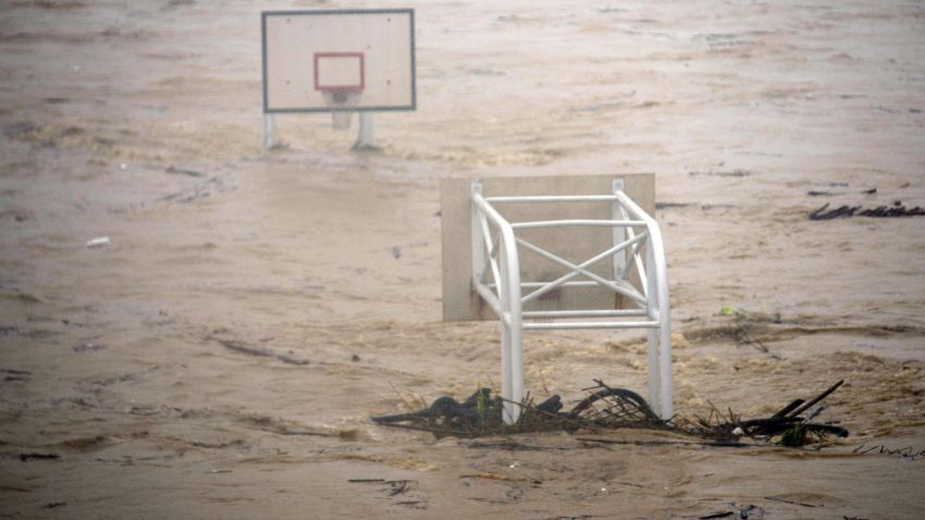  basket stadium is flooded by the Jingmei river as typhoon Soudelor hits Taipei on August 8, 2015. Typhoon Soudelor battered Taiwan with fierce winds and rain leaving four people dead and a trail of debris in its wake as it takes aim at mainland China. AFP PHOTO / Sam YehSAM YEH/AFP/Getty Images