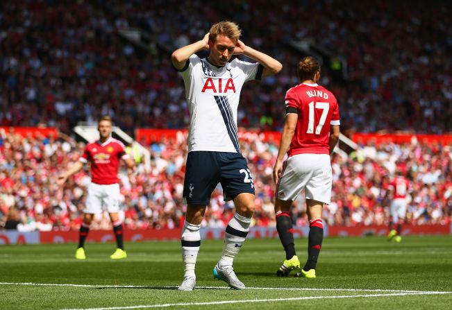 Christian Eriksen of Tottenham Hotspur reacts after missing a chance during the Barclays Premier League match between Manchester United and Tottenham Hotspur at Old Trafford on August 8, 2015 in Manchester, England.