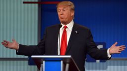 Real estate tycoon Donald Trump participates in the first Republican presidential primary debate on August 6, 2015 at the Quicken Loans Arena in Cleveland, Ohio. AFP PHOTO / MANDEL NGAN        (Photo credit should read MANDEL NGAN/AFP/Getty Images)