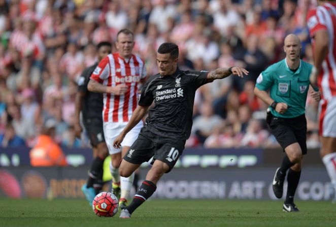 Liverpool's Brazilian midfielder Philippe Coutinho unleashes his tremendous late strike to give his side a 1-0 win over Stoke City at the Britannia Stadium.