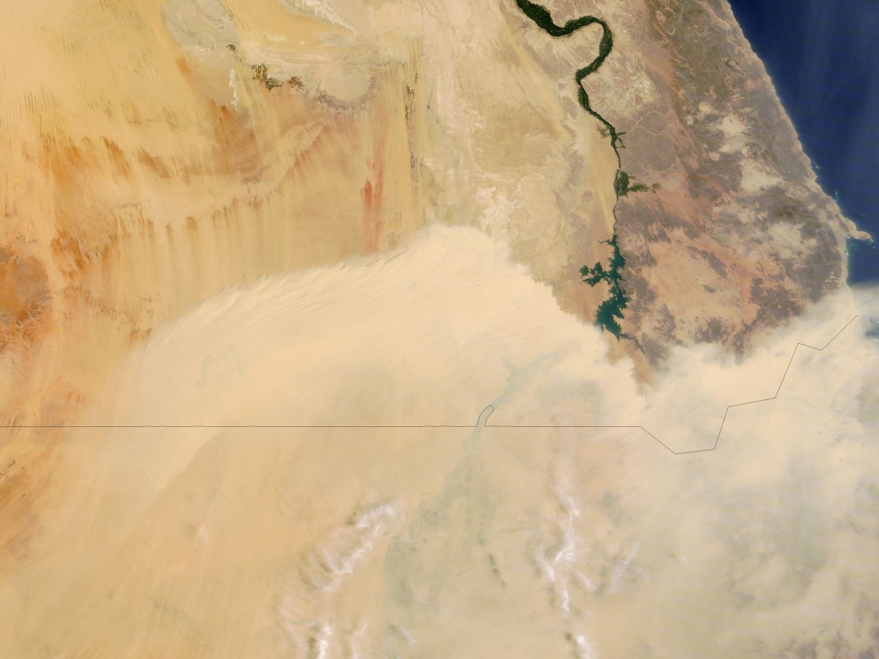A wall of dust blows north from Sudan toward southern Egypt. This image was taken by NASA's Terra satellite on August 6.