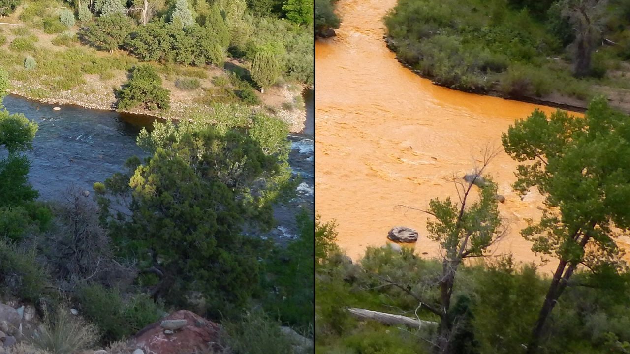 Tom Bartles shared views of the river from his backyard in Durango, before and after the spill. The before shot, on the left, was captured on August 6 when Bartles was aware the spill happened and was making its way down the river to Durango. The photo showing the "after" was captured on August 7.