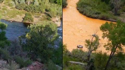 Tom Bartles, who lives in Durango, Colorado shared these photos of the Animas River from the viewpoint of his backyard before and after the spill. 