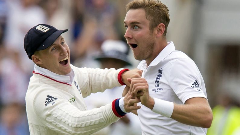 England's Stuart Broad, right, celebrates with teammate Joe Root on the first day of the fourth Ashes test cricket match in Nottingham on Thursday, August 6.