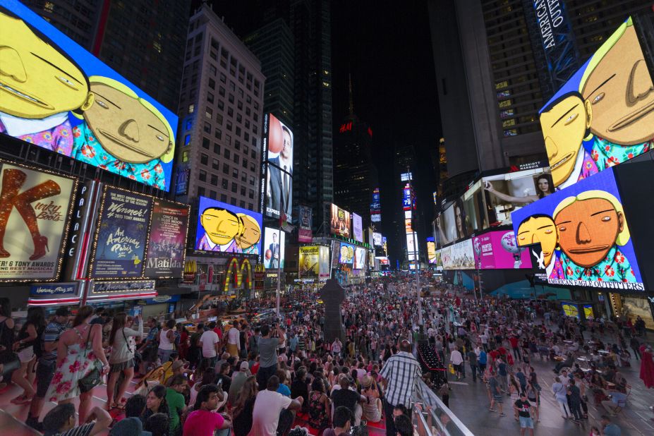 As part of a public art program called Midnight Moment, Osgemeos designed a series of digital animations for display at New York's Times Square in 2015.