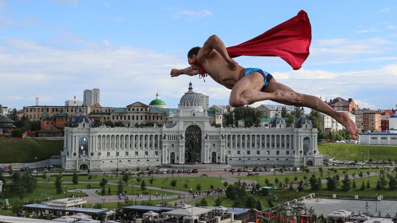 Professional diver Michal Navratil of the Czech Republic performs after the men's 27 meter high dive final at the Swimming World Championships in Kazan, Russia, on Wednesday, August 5.