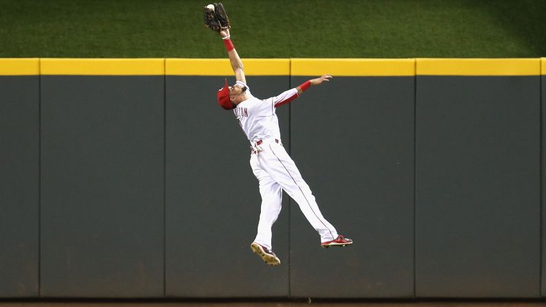 Billy Hamilton of the Cincinnati Reds leaps to catch the ball hit by Jason Heyward of the St. Louis Cardinals in the eighth inning on Tuesday, August 4, in Cincinnati, Ohio. 