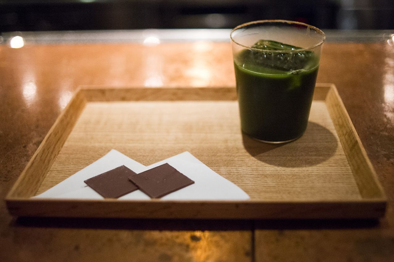 Speak Low's eponymous signature cocktail is a blend of green macha tea, Bacardi Superior and Bacardi 8 rums and Pedro Ximenez sherry. It's served with dark chocolate to match its bitter but intricate flavors.