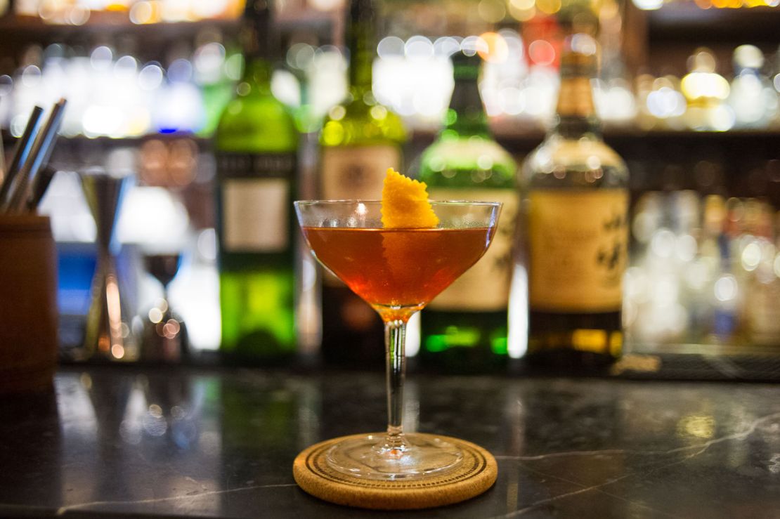 The bar has no cocktail menu but all tailored to the customers' tastes. This is a "Bamboo/Rob Roy hybrid" with a Japanese single malt whiskey base.