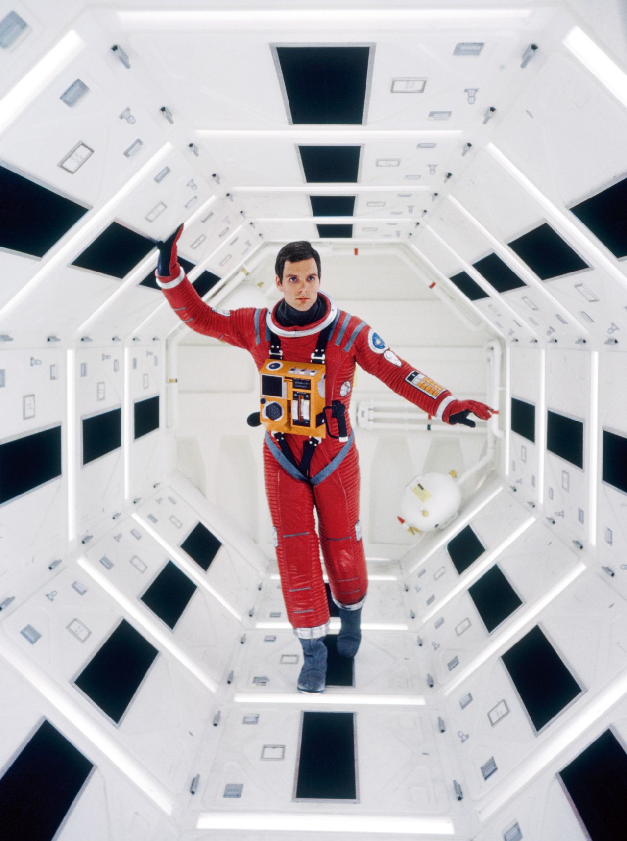 Keir Dullea, who played Dr. Dave Bowman, in an equipment storage corridor.