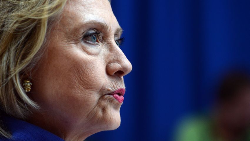 Democratic presidential candidate Hillary Clinton takes questions from reporters following a town hall meeting at Exeter High School August 10, 2015 in Exeter, New Hampshire.