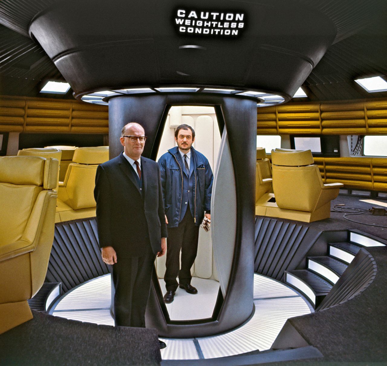 Stanley Kubrick and Arthur C. Clarke, who wrote the "2001: A Space Odyssey" novel and collaborated with Kubrick on the screenplay,  on set of the Aries lunar ferry.