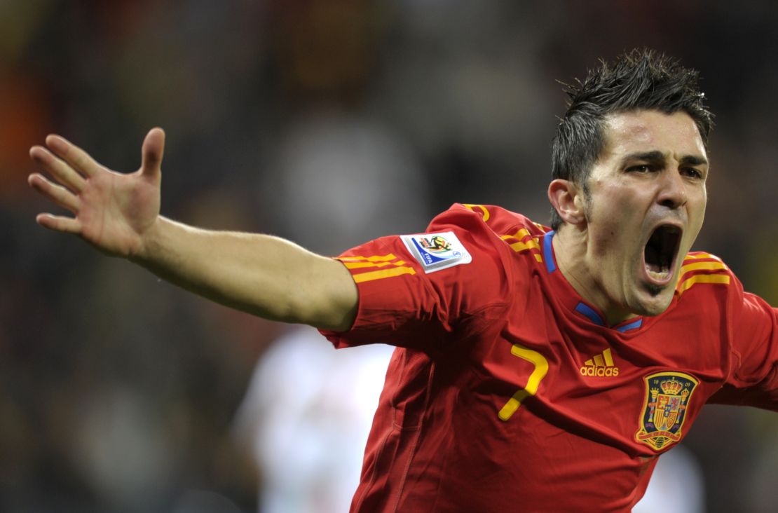 David Villa celebrates after scoring against Portugal during the 2010 World Cup.