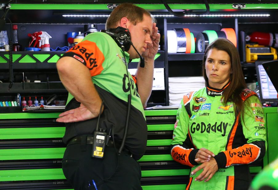 Patrick, seen here with her crew chief Daniel Knost, says she has never experienced sexism: "Racing is, by all means, very male driven, it's mostly men but in this day and age those things are shifting."