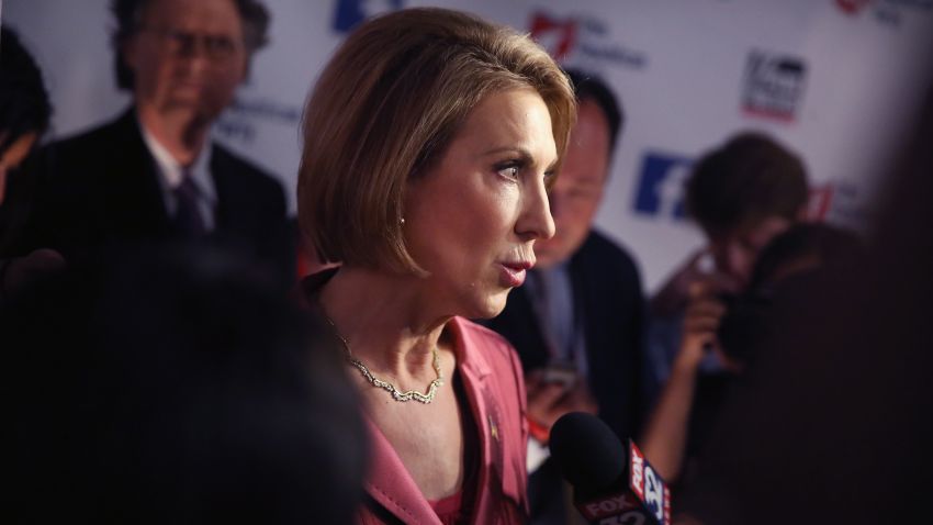 Republican presidential candidate Carly Fiorina fields questions from the press following a presidential forum hosted by FOX News and Facebook at the Quicken Loans Arena August 6, 2015 in Cleveland, OH.