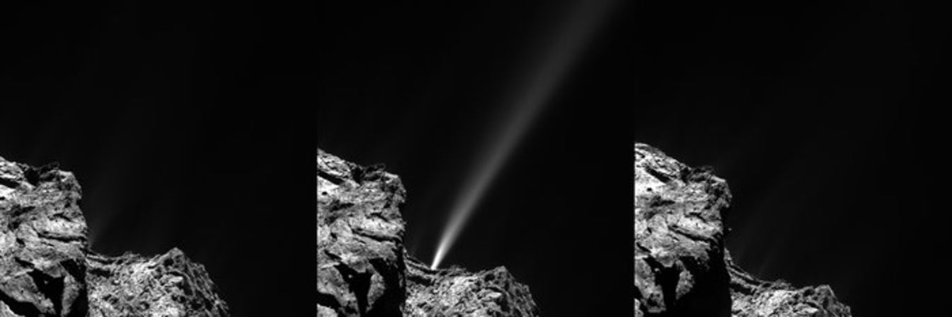 The Rosetta spacecraft captured this <a href="index.php?page=&url=http%3A%2F%2Fwww.esa.int%2FOur_Activities%2FSpace_Science%2FRosetta%2FComet_s_firework_display_ahead_of_perihelion" target="_blank" target="_blank">image of a jet of white debris</a> spraying from Comet 67P/Churyumov--Gerasimenko on July 29, 2015. Mission scientists said this was the brightest jet seen to date in the mission. The debris is <a href="index.php?page=&url=https%3A%2F%2Fsolarsystem.nasa.gov%2Fplanets%2Fprofile.cfm%3FObject%3DComets%26Display%3DOverviewLong" target="_blank" target="_blank">mostly of ice</a> coated with dark organic material.