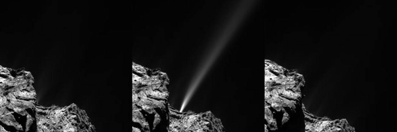 The Rosetta spacecraft captured this <a href="http://www.esa.int/Our_Activities/Space_Science/Rosetta/Comet_s_firework_display_ahead_of_perihelion" target="_blank" target="_blank">image of a jet of white debris</a> spraying from Comet 67P/Churyumov--Gerasimenko on July 29, 2015. Mission scientists said this was the brightest jet seen to date in the mission. The debris is <a href="https://solarsystem.nasa.gov/planets/profile.cfm?Object=Comets&Display=OverviewLong" target="_blank" target="_blank">mostly of ice</a> coated with dark organic material.