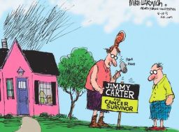 Cartoonist Mike Luckovich of the Atlanta Journal-Constitution draws get well wishes for Jimmy Carter