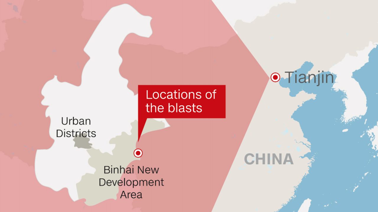 The explosions took place outside Tianjin's downtown district in the eastern industrial zone.