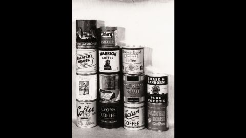 A selection of tins of different brands of coffee, including Brooke Bond, Lyons and Maxwell House, 1947. 