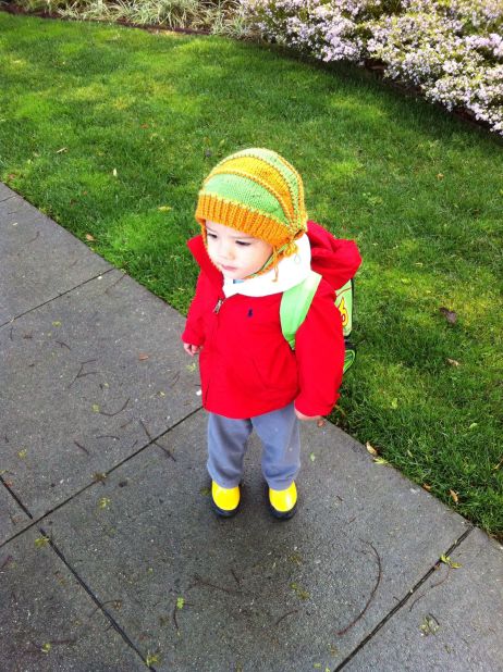 Little Liam waits for preschool in Palo Alto, California, with a backpack just big enough to hold his emergency clothes and a teddy bear. 