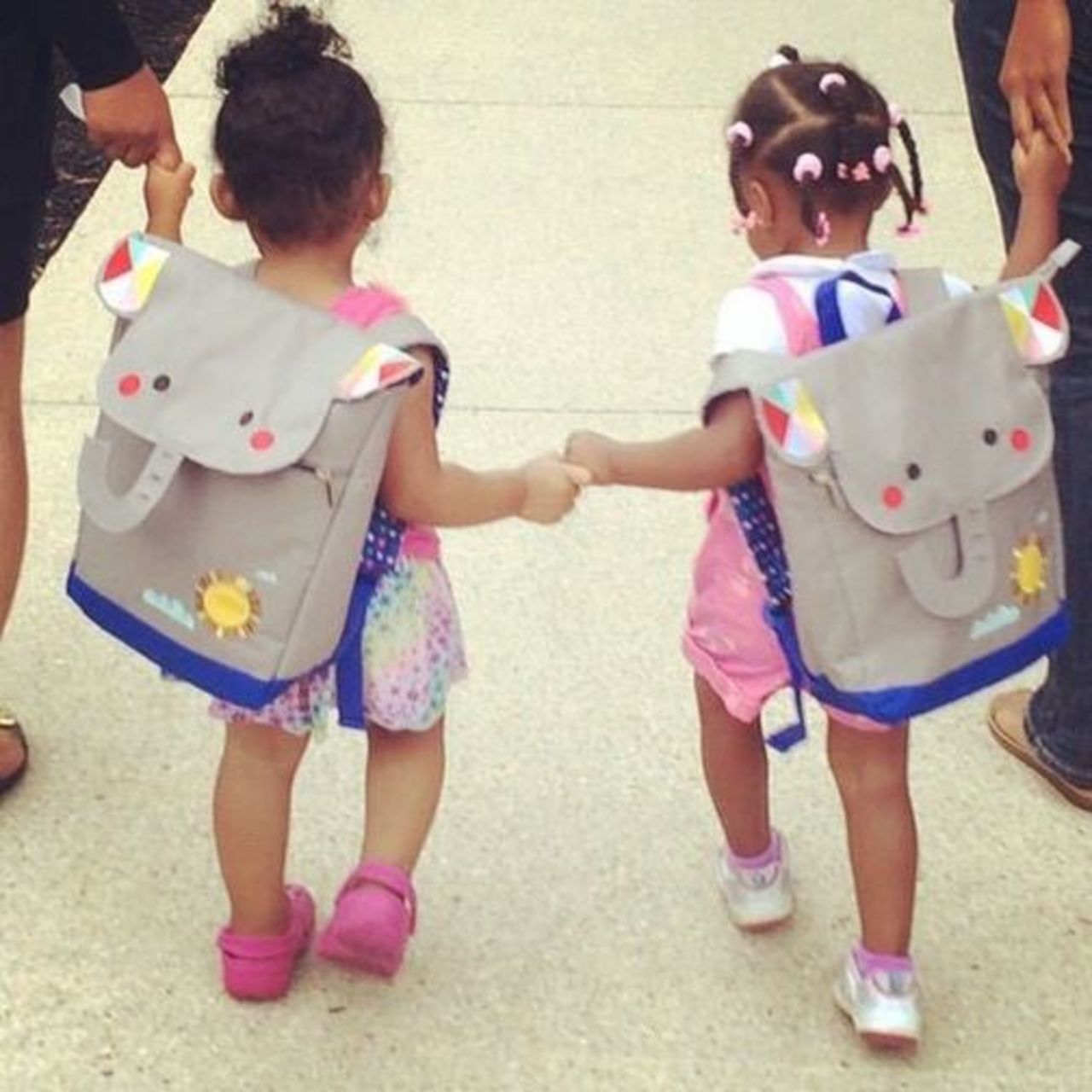 Dory and Brooklyn, best friends since they were 4 months old, started preschool in Maryland with matching backpacks. 